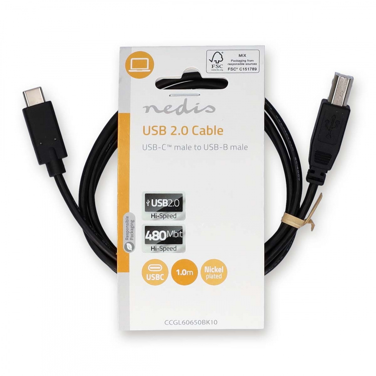 Nedis USB-kabel | USB 2.0 | USB-C™ Hane | USB-B Hane | 480 Mbps | Nickelplaterad | 1.00 m | Rund | PVC | Svart | Label Nedis USB-kabel | USB 2.0 | USB-C™ Hane | USB-B Hane | 480 Mbps | Nickelplaterad | 1.00 m | Rund | PVC | Svart | Label