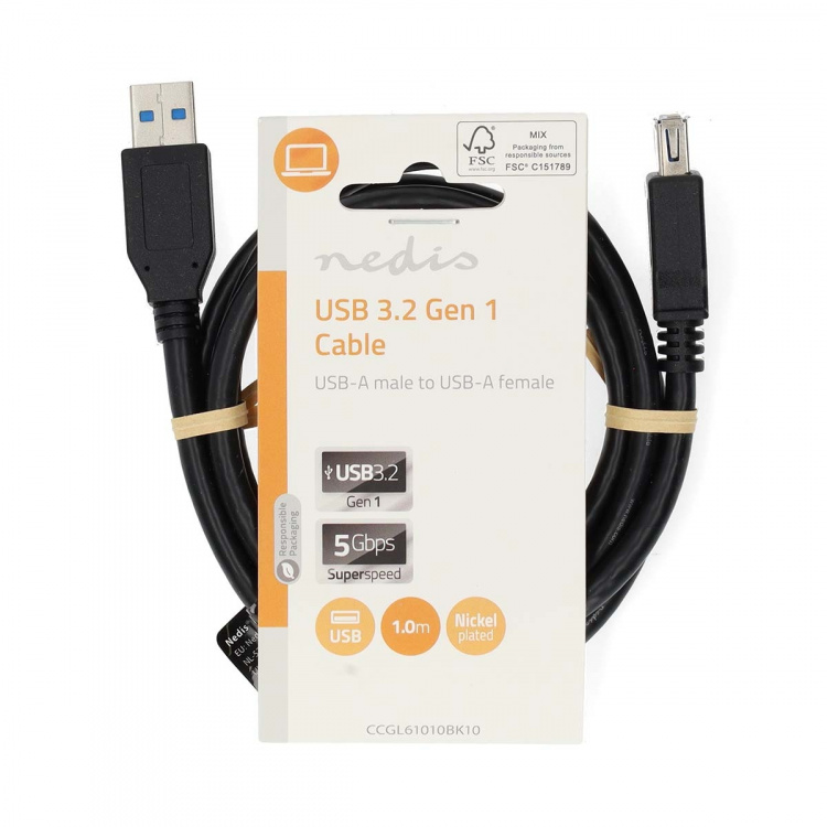 Nedis USB-kabel | USB 3.2 Gen 1 | USB-A Hane | USB-A Hona | 5 Gbps | Nickelplaterad | 1.00 m | Rund | PVC | Svart | Label