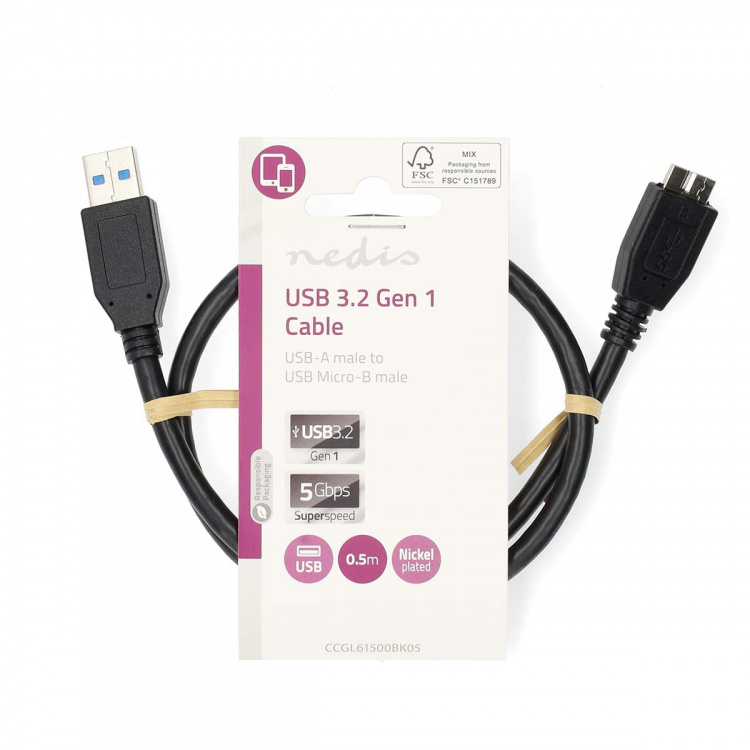 Nedis USB-kabel | USB 3.2 Gen 1 | USB-A Hane | USB Micro-B Hane | 5 Gbps | Nickelplaterad | 0.50 m | Rund | PVC | Svart | Label