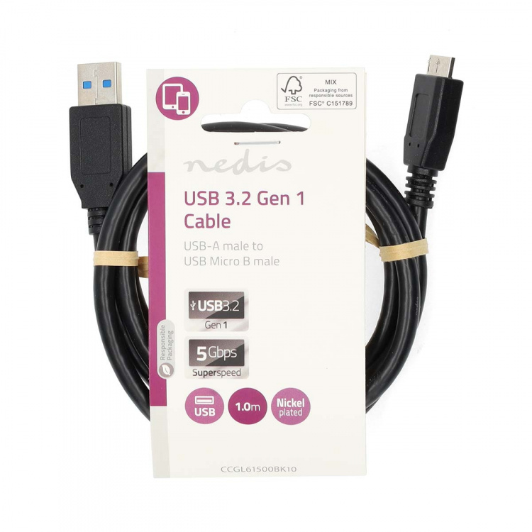Nedis USB-kabel | USB 3.2 Gen 1 | USB-A Hane | USB Micro-B Hane | 5 Gbps | Nickelplaterad | 1.00 m | Rund | PVC | Svart | Label