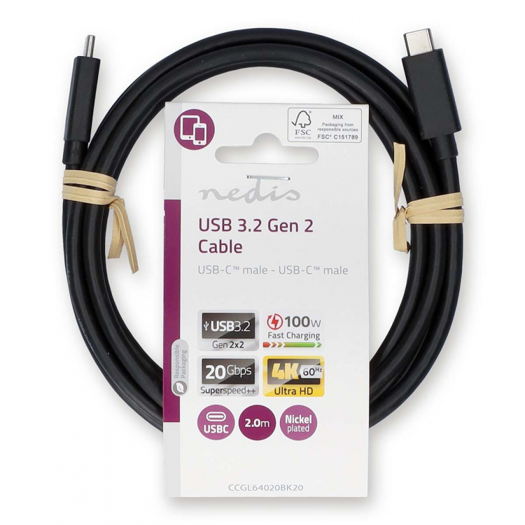 Nedis USB-kabel | USB 3.2 Gen 2 | USB-C™ Hane | USB-C™ Hane | 100 W | 4K@60Hz | 20 Gbps | Nickelplaterad | 2.00 m | Rund | PVC | Svart | Label