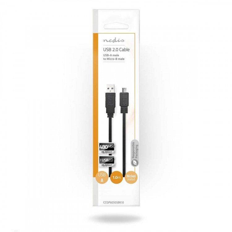 Nedis USB-kabel | USB 2.0 | USB-A Hane | USB Micro-B Hane | 480 Mbps | Nickelplaterad | 1.00 m | Platt | PVC | Svart | Kuvert Nedis USB-kabel | USB 2.0 | USB-A Hane | USB Micro-B Hane | 480 Mbps | Nickelplaterad | 1.00 m | Platt | PVC | Svart | Kuvert