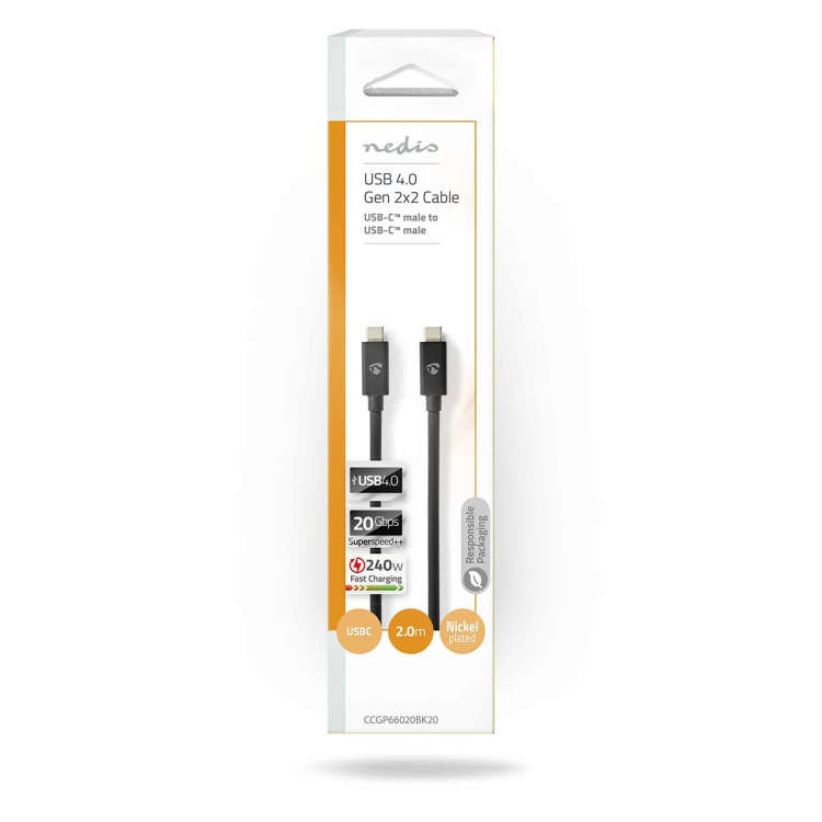 Nedis USB-kabel | USB 4.0 Gen 2x2 | USB-C™ Hane | USB-C™ Hane | 240 W | 8K@60Hz | 20 Gbps | Nickelplaterad | 2.00 m | Rund | PVC | Svart | Kuvert