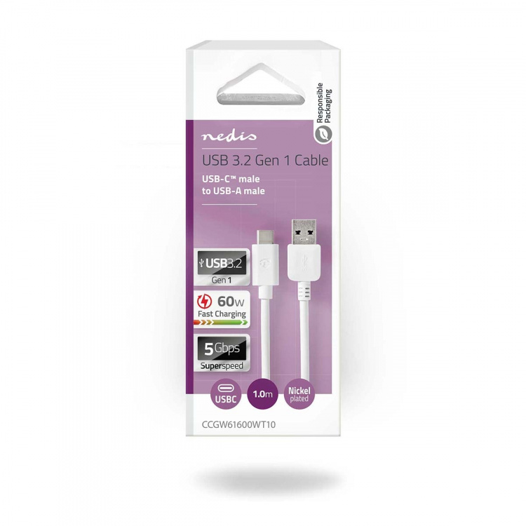 Nedis USB-kabel | USB 3.2 Gen 1 | USB-A Hane | USB-C™ Hane | 60 W | 5 Gbps | Nickelplaterad | 1.00 m | Rund | PVC | Vit | Låda