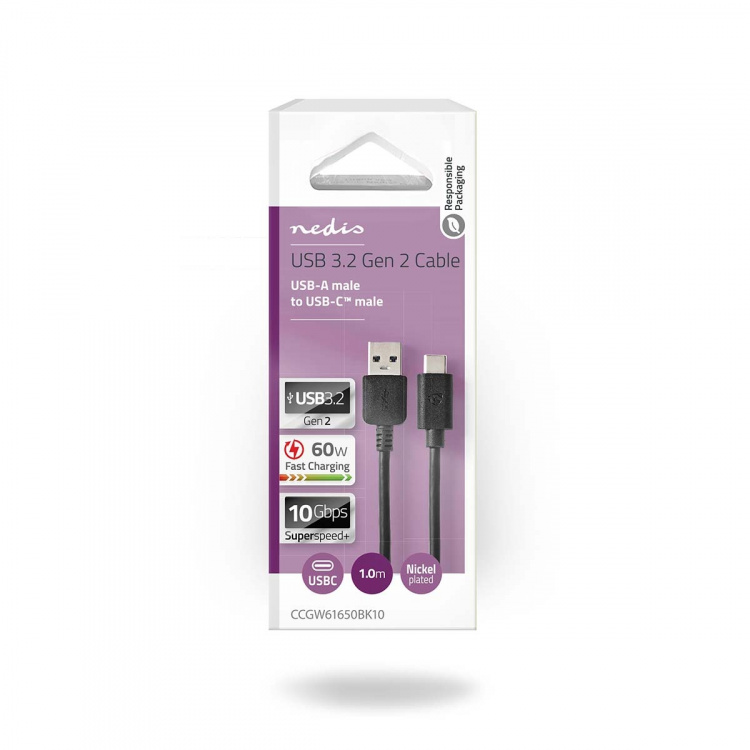 Nedis USB-kabel | USB 3.2 Gen 2 | USB-A Hane | USB-C™ Hane | 60 W | 10 Gbps | Nickelplaterad | 1.00 m | Rund | PVC | Svart | Låda Nedis USB-kabel | USB 3.2 Gen 2 | USB-A Hane | USB-C™ Hane | 60 W | 10 Gbps | Nickelplaterad | 1.00 m | Rund | PVC | Svart | Låda