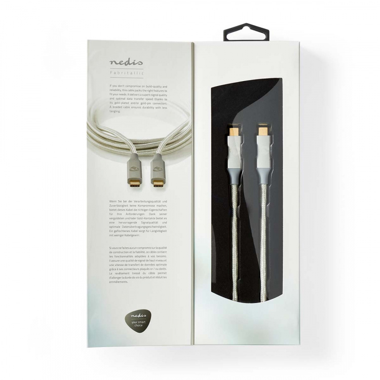 Nedis USB-kabel | USB 3.2 Gen 2x2 | USB-C™ Hane | USB-C™ Hane | 100 W | 4K@60Hz | 20 Gbps | Guldplaterad | 1.00 m | Rund | Flätad / Nylon | Silver | Kartong med täckt fönster Nedis USB-kabel | USB 3.2 Gen 2x2 | USB-C™ Hane | USB-C™ Hane | 100 W | 4K@60Hz | 20 Gbps | Guldplaterad | 1.00 m | Rund | Flätad / Nylon | Silver | Kartong med täckt fönster