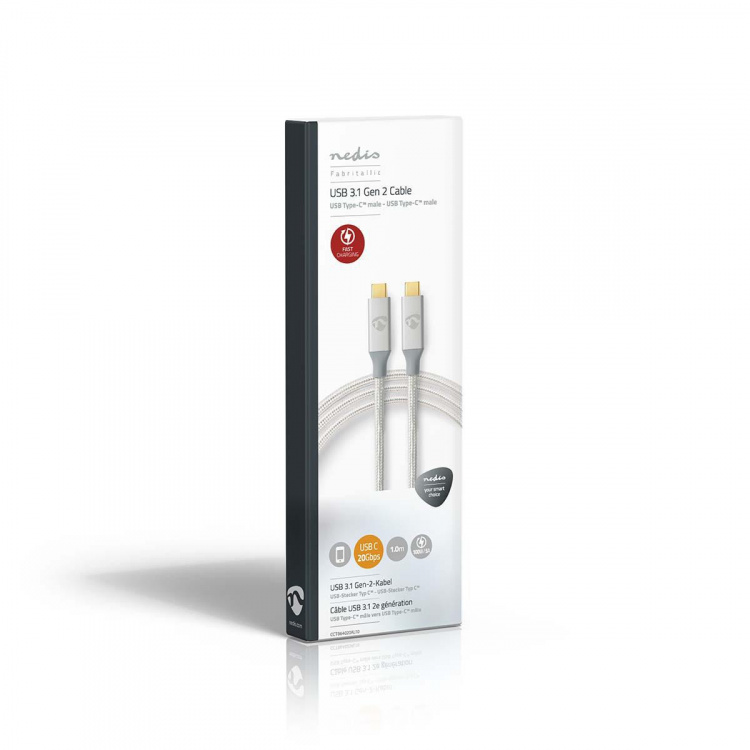 Nedis USB-kabel | USB 3.2 Gen 2x2 | USB-C™ Hane | USB-C™ Hane | 100 W | 4K@60Hz | 20 Gbps | Guldplaterad | 1.00 m | Rund | Flätad / Nylon | Silver | Kartong med täckt fönster Nedis USB-kabel | USB 3.2 Gen 2x2 | USB-C™ Hane | USB-C™ Hane | 100 W | 4K@60Hz | 20 Gbps | Guldplaterad | 1.00 m | Rund | Flätad / Nylon | Silver | Kartong med täckt fönster