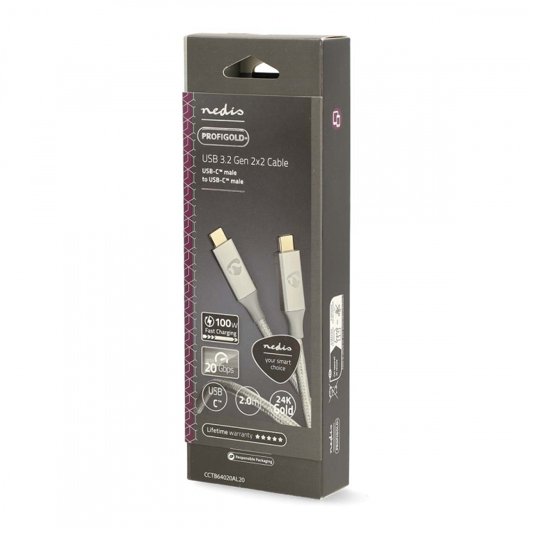 Nedis USB-kabel | USB 3.2 Gen 2x2 | USB-C™ Hane | USB-C™ Hane | 100 W | 4K@60Hz | 20 Gbps | Guldplaterad | 2.00 m | Rund | Flätad / Nylon | Silver | Kartong med täckt fönster Nedis USB-kabel | USB 3.2 Gen 2x2 | USB-C™ Hane | USB-C™ Hane | 100 W | 4K@60Hz | 20 Gbps | Guldplaterad | 2.00 m | Rund | Flätad / Nylon | Silver | Kartong med täckt fönster
