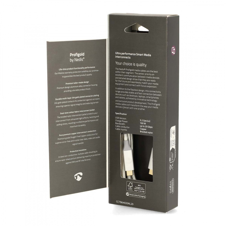 Nedis USB-kabel | USB 3.2 Gen 2x2 | USB-C™ Hane | USB-C™ Hane | 100 W | 4K@60Hz | 20 Gbps | Guldplaterad | 2.00 m | Rund | Flätad / Nylon | Silver | Kartong med täckt fönster Nedis USB-kabel | USB 3.2 Gen 2x2 | USB-C™ Hane | USB-C™ Hane | 100 W | 4K@60Hz | 20 Gbps | Guldplaterad | 2.00 m | Rund | Flätad / Nylon | Silver | Kartong med täckt fönster