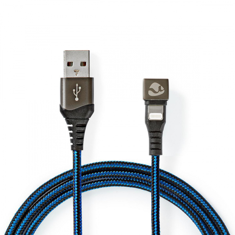 Nedis USB-kabel | USB 2.0 | Apple Lightning, 8-stifts | USB-A Hane | 12 W | 480 Mbps | Nickelplaterad | 1.00 m | Rund | Flätad / Nylon | Blå / Svart | Kartong med täckt fönster