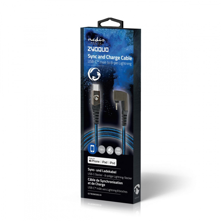 Nedis USB-kabel | USB 2.0 | Apple Lightning, 8-stifts | USB-C™ Hane | 60 W | 480 Mbps | Nickelplaterad | 1.00 m | Rund | Flätad / Nylon | Blå / Svart | Kartong med täckt fönster