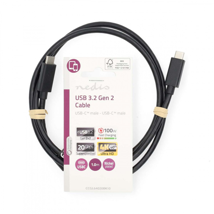 Nedis USB-kabel | USB 3.2 Gen 2 | USB-C™ Hane | USB-C™ Hane | 100 W | 4K@60Hz | 20 Gbps | Nickelplaterad | 1.00 m | Rund | PVC | Svart | Label