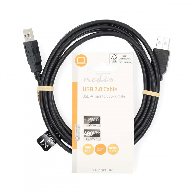 Nedis USB-kabel | USB 2.0 | USB-A Hane | USB-A Hane | 480 Mbps | Nickelplaterad | 2.00 m | Rund | PVC | Svart | Label