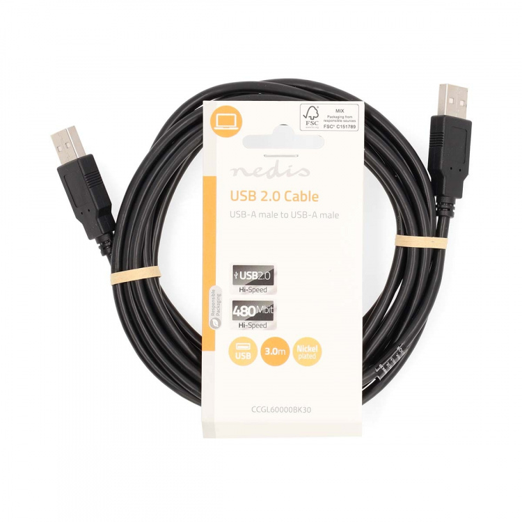 Nedis USB-kabel | USB 2.0 | USB-A Hane | USB-A Hane | 480 Mbps | Nickelplaterad | 3.00 m | Rund | PVC | Svart | Label