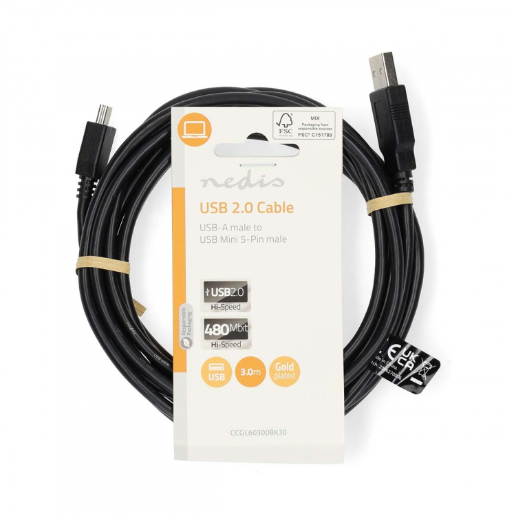 Nedis USB-kabel | USB 2.0 | USB-A Hane | USB Mini-B 5 pin Hane | 480 Mbps | Nickelplaterad | 3.00 m | Rund | PVC | Svart | Label