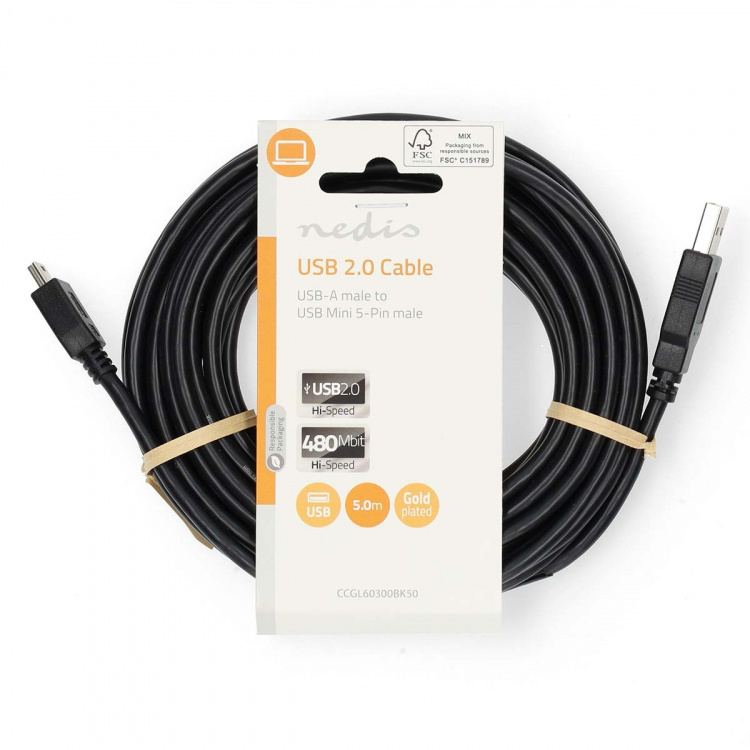 Nedis USB-kabel | USB 2.0 | USB-A Hane | USB Mini-B 5 pin Hane | 480 Mbps | Nickelplaterad | 5.00 m | Rund | PVC | Svart | Label Nedis USB-kabel | USB 2.0 | USB-A Hane | USB Mini-B 5 pin Hane | 480 Mbps | Nickelplaterad | 5.00 m | Rund | PVC | Svart | Label