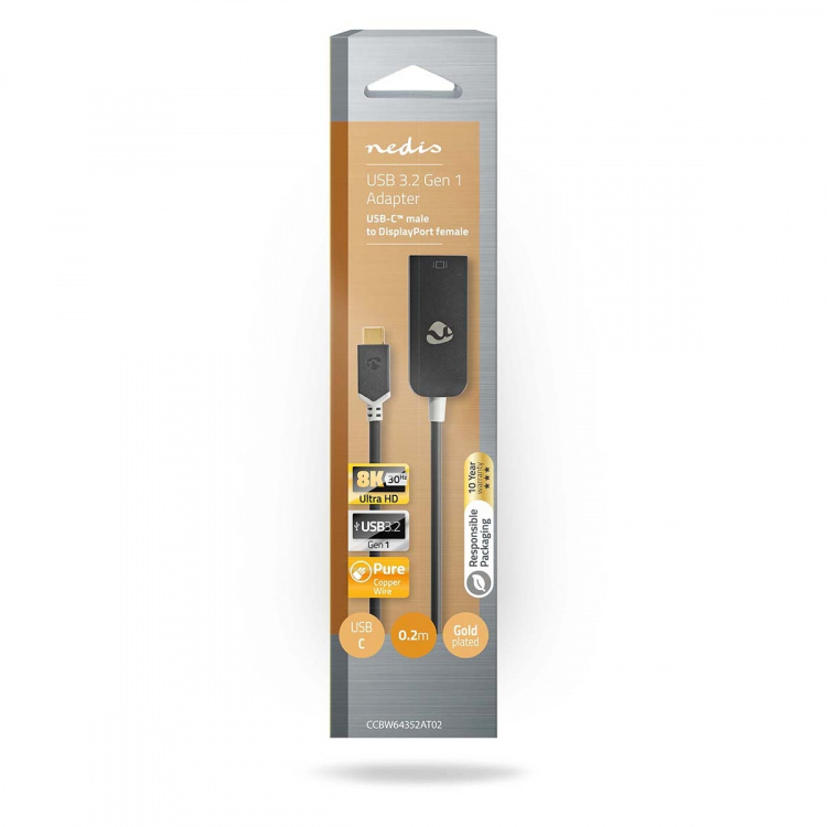 Nedis USB-C™ Adapter | USB 3.2 Gen 1 | USB-C™ Hane | DisplayPort Hona | 8K@30Hz | 0.20 m | Rund | Guldplaterad | PVC | Antracit | Kartong med fönster