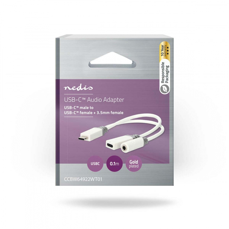 Nedis USB-C™ Adapter | USB 2.0 | USB-C™ Hane | USB-C™ Hona / 3.5 mm Hona | 0.10 m | Rund | Guldplaterad | PVC | Vit | Låda Nedis USB-C™ Adapter | USB 2.0 | USB-C™ Hane | USB-C™ Hona / 3.5 mm Hona | 0.10 m | Rund | Guldplaterad | PVC | Vit | Låda