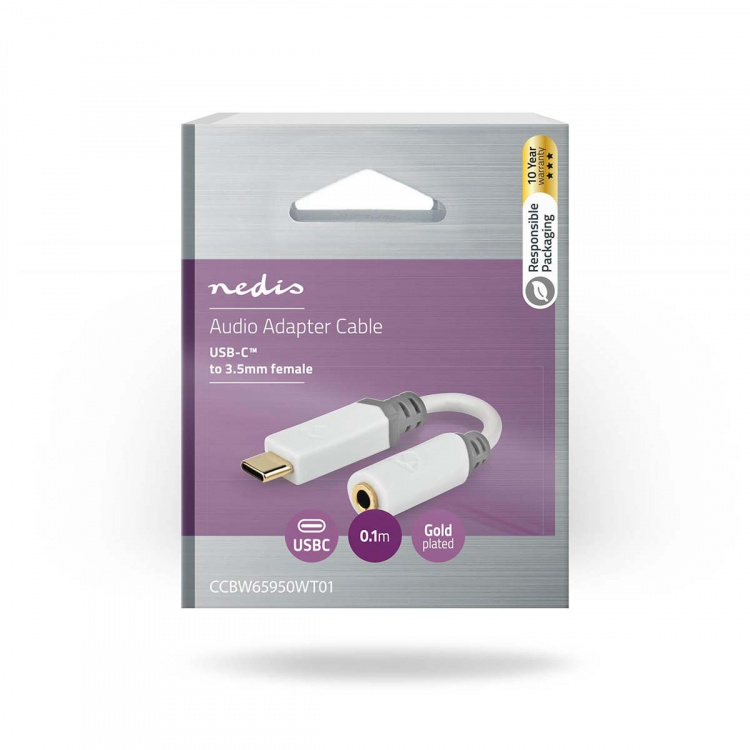 Nedis USB-C™ Adapter | USB 2.0 | USB-C™ Hane | 3.5 mm Hona | 0.10 m | Rund | Guldplaterad | PVC | Vit | Låda Nedis USB-C™ Adapter | USB 2.0 | USB-C™ Hane | 3.5 mm Hona | 0.10 m | Rund | Guldplaterad | PVC | Vit | Låda