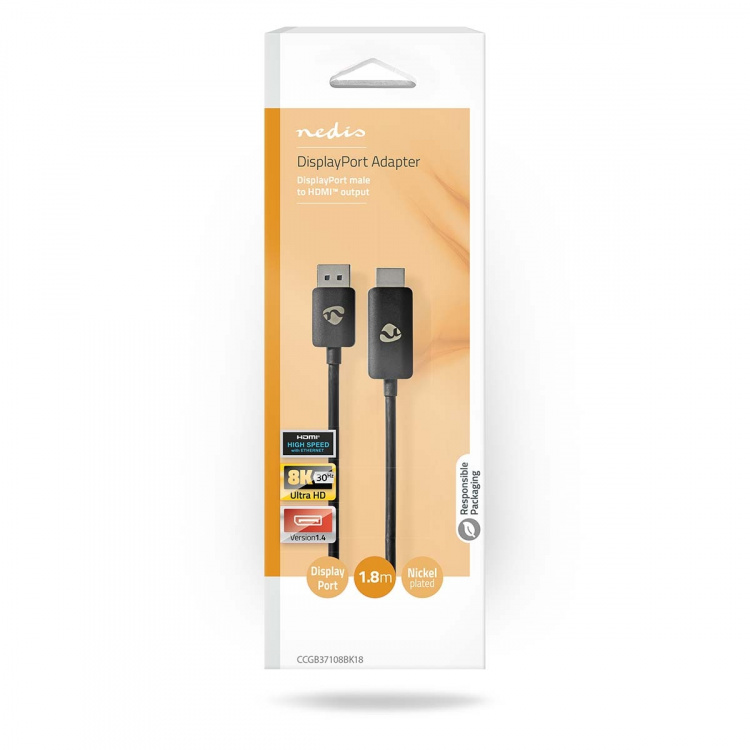 Nedis Displayport-adapter | DisplayPort Hane | HDMI™ Kontakt | 8K@30Hz | Nickelplaterad | Rak | 1.80 m | Rund | TPE | Svart | Låda