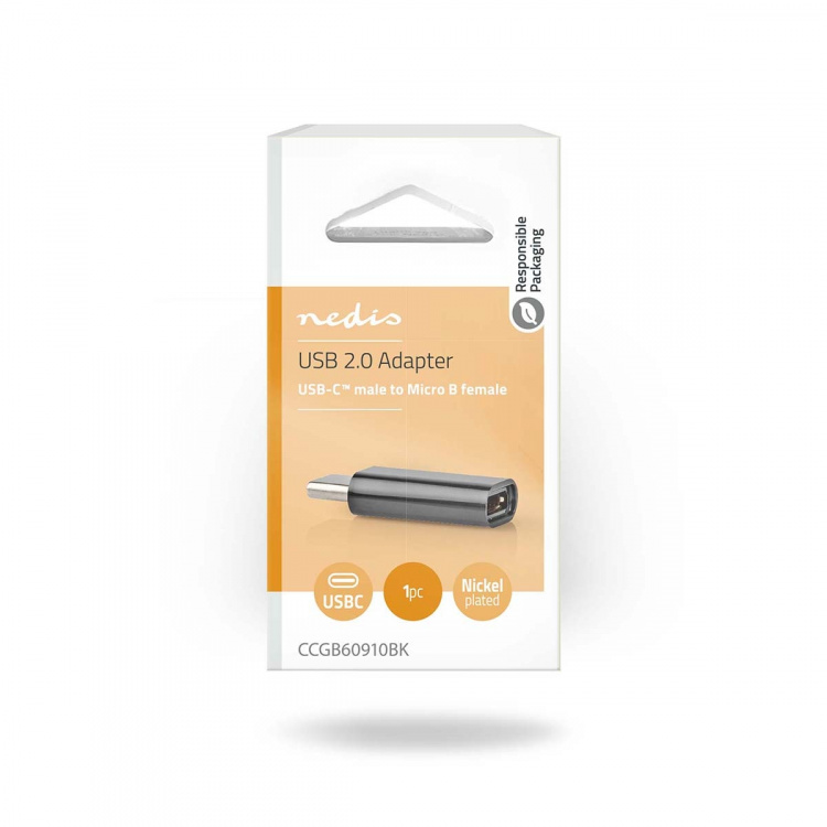 Nedis USB-C™ Adapter | USB 2.0 | USB-C™ Hane | USB Micro-B Hona | 480 Mbps | Rund | Nickelplaterad | Svart | Låda