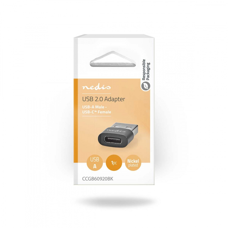 Nedis USB-A Adapter | USB 2.0 | USB-A Hane | USB-C™ Hona | 480 Mbps | Rund | Nickelplaterad | Svart | Låda Nedis USB-A Adapter | USB 2.0 | USB-A Hane | USB-C™ Hona | 480 Mbps | Rund | Nickelplaterad | Svart | Låda