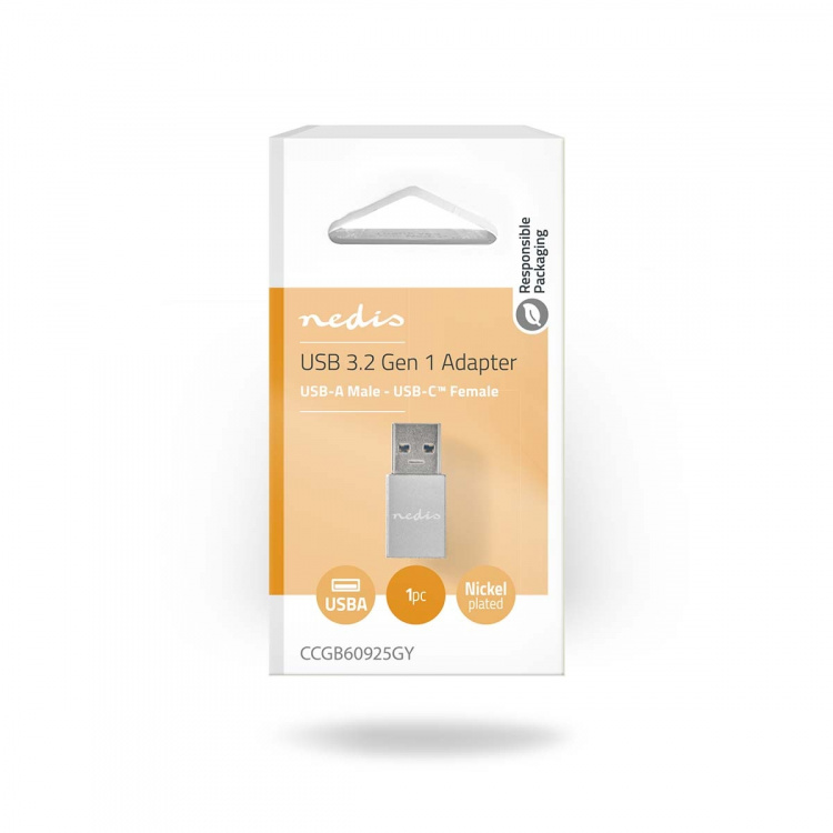 Nedis USB-A Adapter | USB 3.2 Gen 1 | USB-A Hane | USB-C™ Hona | 5 Gbps | Rund | Nickelplaterad | Svart | Låda