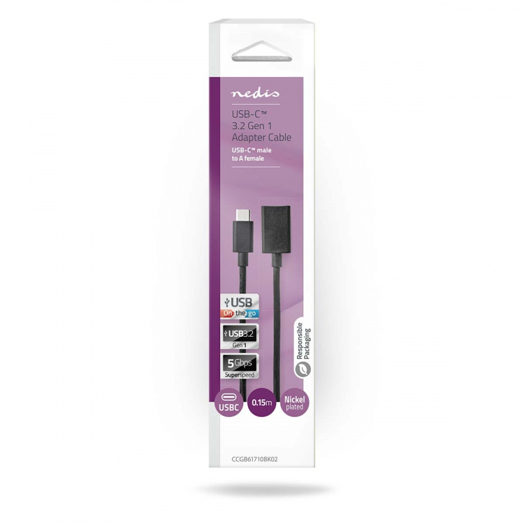 Nedis USB-C™ Adapter | USB 3.2 Gen 1 | USB-C™ Hane | USB-A Hona | 5 Gbps | 0.15 m | Rund | Nickelplaterad | PVC | Svart | Låda