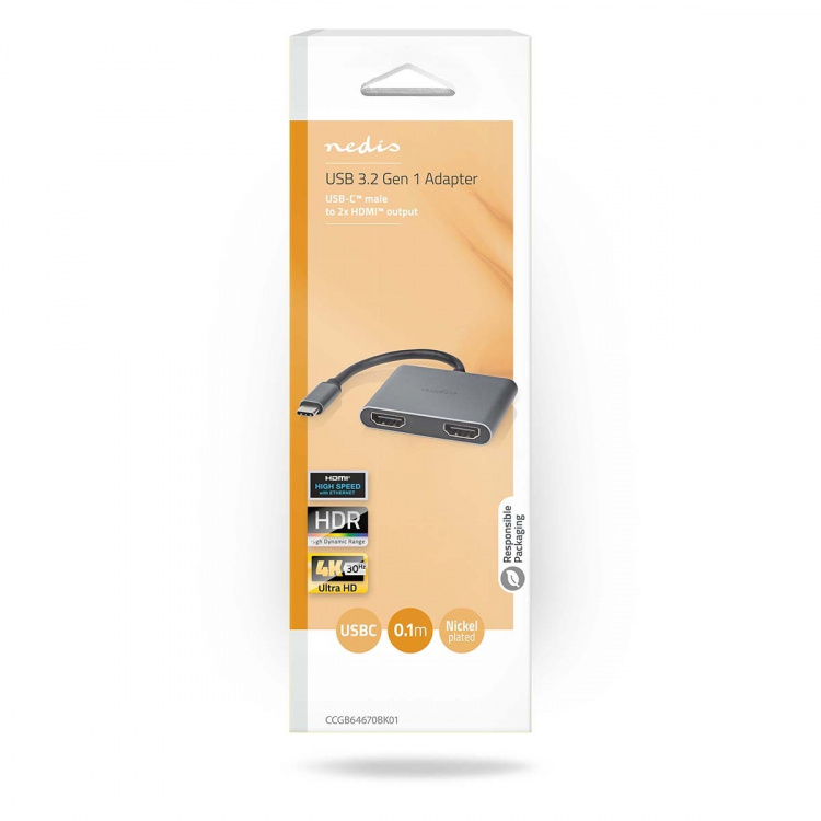 Nedis USB-C™ Adapter | 2-in-1 | USB 3.2 Gen 1 | USB-C™ Hane | 2x HDMI™ | 4K@30Hz | 0.10 m | Rund | Nickelplaterad | PVC | Svart | Låda Nedis USB-C™ Adapter | 2-in-1 | USB 3.2 Gen 1 | USB-C™ Hane | 2x HDMI™ | 4K@30Hz | 0.10 m | Rund | Nickelplaterad | PVC | Svart | Låda