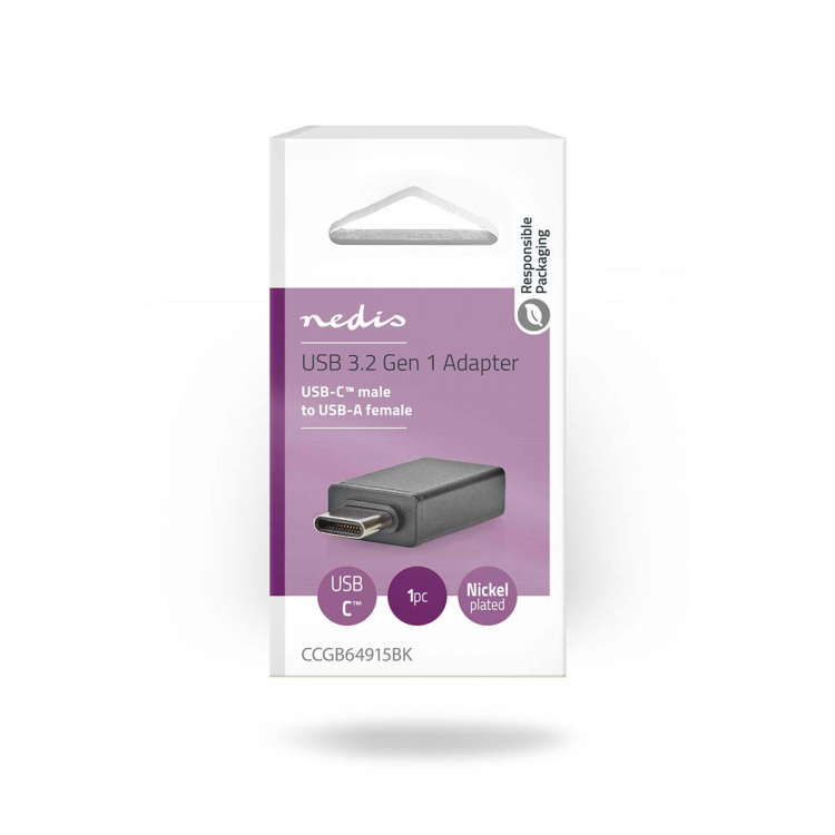 Nedis USB-C™ Adapter | USB 3.2 Gen 1 | USB-C™ Hane | USB-A Hona | 5 Gbps | OTG | Rund | Nickelplaterad | Svart | Låda Nedis USB-C™ Adapter | USB 3.2 Gen 1 | USB-C™ Hane | USB-A Hona | 5 Gbps | OTG | Rund | Nickelplaterad | Svart | Låda