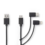 Nedis 3 i 1 kabel | USB 2.0 | USB-A Hane | Apple Lightning, 8-stifts / USB Micro-B Hane / USB-C™ Hane | 480 Mbps | 1.00 m | Nickelplaterad | Rund | PVC | Svart | Label