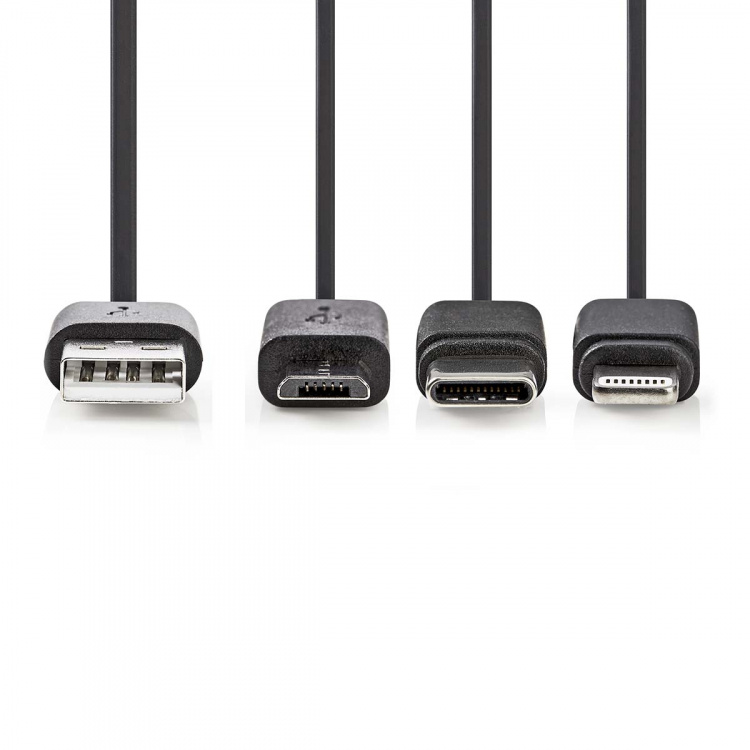 Nedis 3 i 1 kabel | USB 2.0 | USB-A Hane | Apple Lightning, 8-stifts / USB Micro-B Hane / USB-C™ Hane | 480 Mbps | 1.00 m | Nickelplaterad | Rund | PVC | Svart | Label