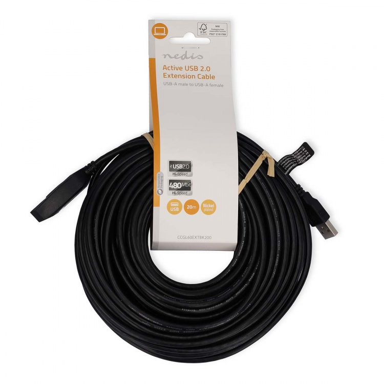 Nedis Aktiv USB-kabel | USB 2.0 | USB-A Hane | USB-A Hona | 480 Mbps | 20.0 m | Rund | Nickelplaterad | PVC | Koppar | Label Nedis Aktiv USB-kabel | USB 2.0 | USB-A Hane | USB-A Hona | 480 Mbps | 20.0 m | Rund | Nickelplaterad | PVC | Koppar | Label