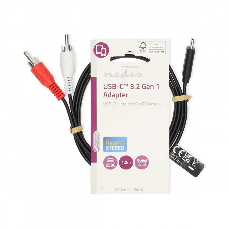 Nedis USB-C™ Adapter | USB 3.2 Gen 1 | USB-C™ Hane | 2x RCA Hane | 1.00 m | Rund | Nickelplaterad | PVC | Svart | Label