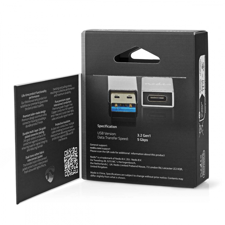 Nedis USB-A Adapter | USB 3.2 Gen 1 | USB-A Hane | USB-C™ Hona | 5 Gbps | Rund | Nickelplaterad | Silver | Kartong med täckt fönster