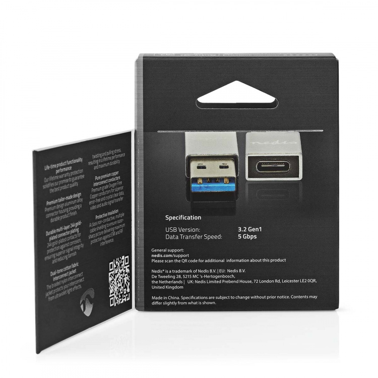 Nedis USB-A Adapter | USB 3.2 Gen 1 | USB-A Hane | USB-C™ Hona | 5 Gbps | Rund | Nickelplaterad | Silver | Kartong med täckt fönster