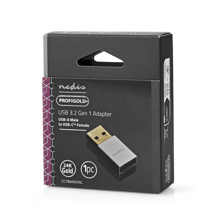 Nedis USB-A Adapter | USB 3.2 Gen 1 | USB-A Hane | USB-C™ Hona | 5 Gbps | Rund | Nickelplaterad | Silver | Kartong med täckt fönster