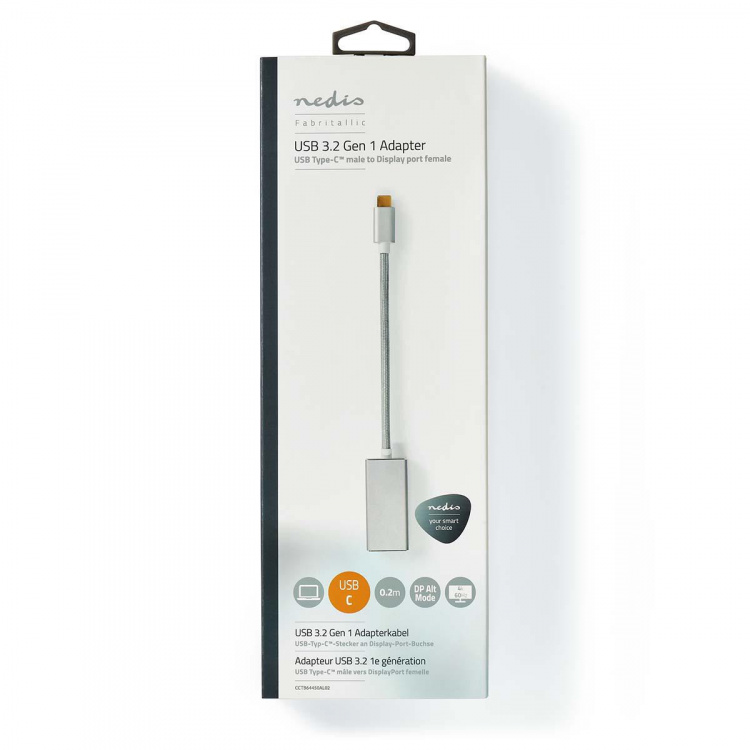 Nedis USB-C™ Adapter | USB 3.2 Gen 1 | USB-C™ Hane | DisplayPort Hona | 0.20 m | Rund | Guldplaterad | Flätad / Nylon | Silver | Kartong med täckt fönster Nedis USB-C™ Adapter | USB 3.2 Gen 1 | USB-C™ Hane | DisplayPort Hona | 0.20 m | Rund | Guldplaterad | Flätad / Nylon | Silver | Kartong med täckt fönster