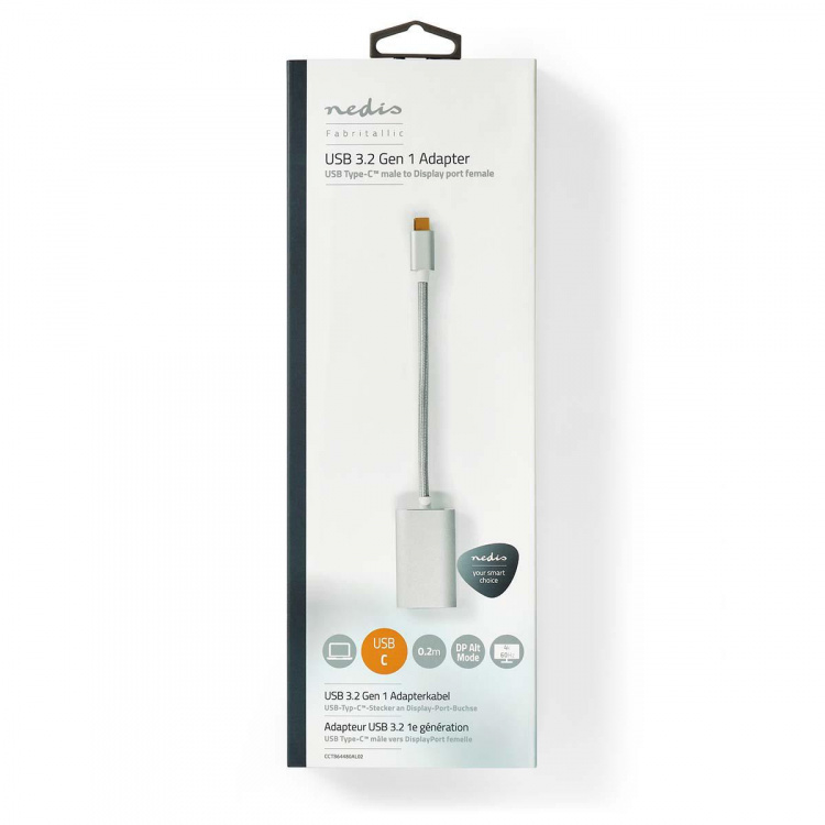 Nedis USB-C™ Adapter | USB 3.2 Gen 1 | USB-C™ Hane | DisplayPort Hona / USB-C™ Hona | 4K@60Hz | Power delivery | 0.20 m | Rund | Guldplaterad | Flätad / Nylon | Silver | Kartong med täckt fönster