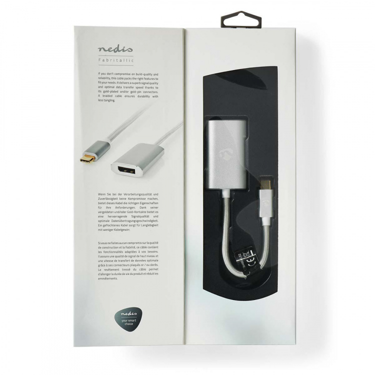 Nedis USB-C™ Adapter | USB 3.2 Gen 1 | USB-C™ Hane | DisplayPort Hona / USB-C™ Hona | 4K@60Hz | Power delivery | 0.20 m | Rund | Guldplaterad | Flätad / Nylon | Silver | Kartong med täckt fönster