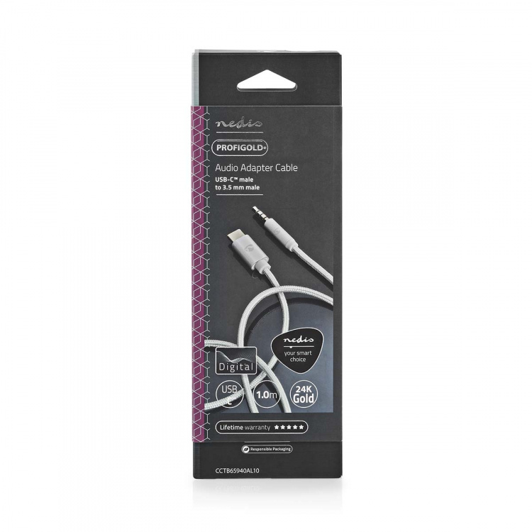 Nedis USB-C™ Adapter | USB 2.0 | USB-C™ Hane | 3.5 mm Hane | 1.00 m | Rund | Guldplaterad | Flätad / Nylon | Aluminium | Kartong med täckt fönster