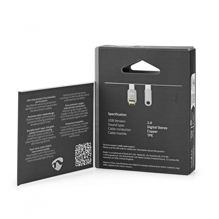 Nedis USB-C™ Adapter | USB 2.0 | USB-C™ Hane | 3.5 mm Hona | 0.08 m | Rund | Guldplaterad | Flätad / Nylon | Silver / Vit | Kartong med täckt fönster