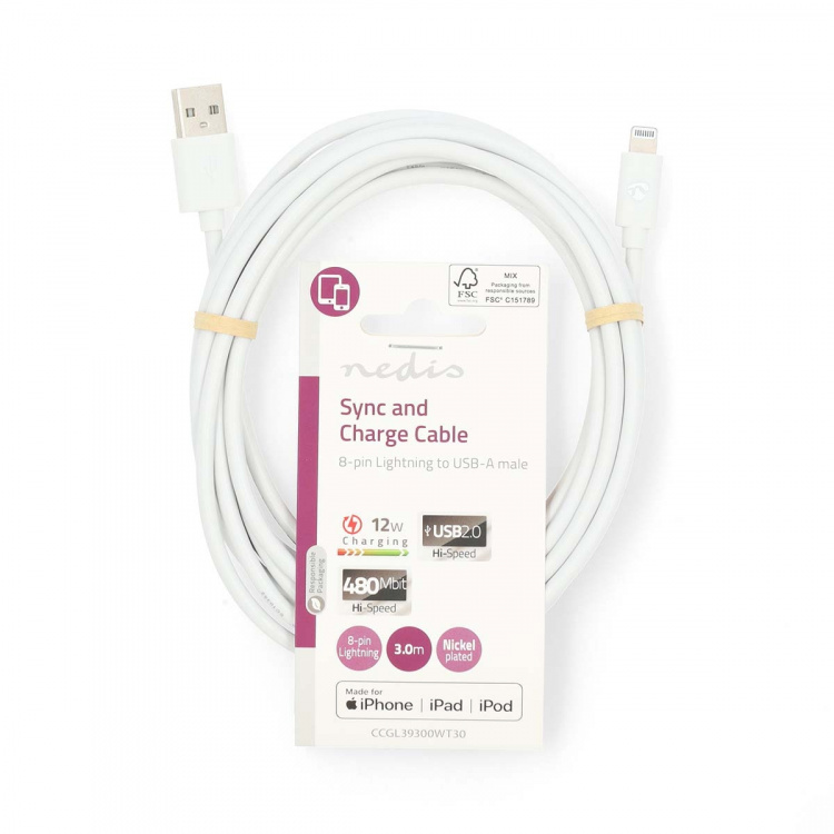 Nedis Lightning Kabel | USB 2.0 | Apple Lightning, 8-stifts | USB-A Hane | 480 Mbps | Nickelplaterad | 3.00 m | Rund | PVC | Vit | Label