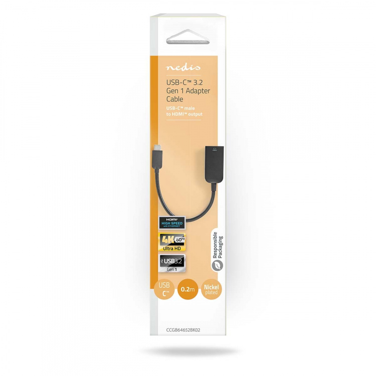 Nedis USB-C™ Adapter | USB 3.2 Gen 1 | USB-C™ Hane | HDMI™ Utgång | 4K@60Hz | 0.20 m | Rund | Nickelplaterad | PVC | Svart | Låda