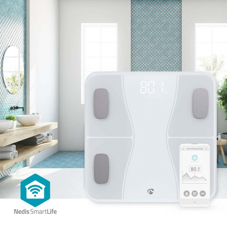 Nedis SmartLife Hälso Vågar | Ben / BMI / BMR / Fett / Muskler / Vatten / Vikt | 12 | Max last: 180 kg | Android™ / IOS | ABS / Glas | Vit Nedis SmartLife Hälso Vågar | Ben / BMI / BMR / Fett / Muskler / Vatten / Vikt | 12 | Max last: 180 kg | Android™ / IOS | ABS / Glas | Vit