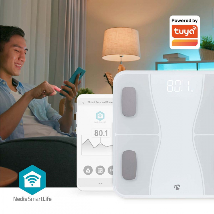 Nedis SmartLife Hälso Vågar | Ben / BMI / BMR / Fett / Muskler / Vatten / Vikt | 12 | Max last: 180 kg | Android™ / IOS | ABS / Glas | Vit Nedis SmartLife Hälso Vågar | Ben / BMI / BMR / Fett / Muskler / Vatten / Vikt | 12 | Max last: 180 kg | Android™ / IOS | ABS / Glas | Vit