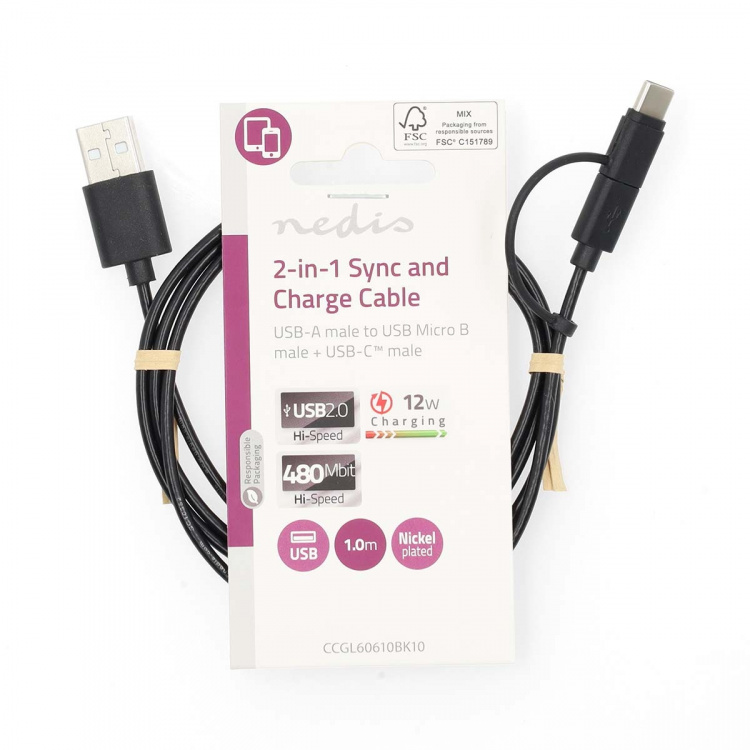 Nedis 2 i 1kabel | USB 2.0 | USB-A Hane | USB Micro-B Hane / USB-C™ Hane | 480 Mbps | 1.00 m | Nickelplaterad | Rund | PVC | Svart | Label Nedis 2 i 1kabel | USB 2.0 | USB-A Hane | USB Micro-B Hane / USB-C™ Hane | 480 Mbps | 1.00 m | Nickelplaterad | Rund | PVC | Svart | Label