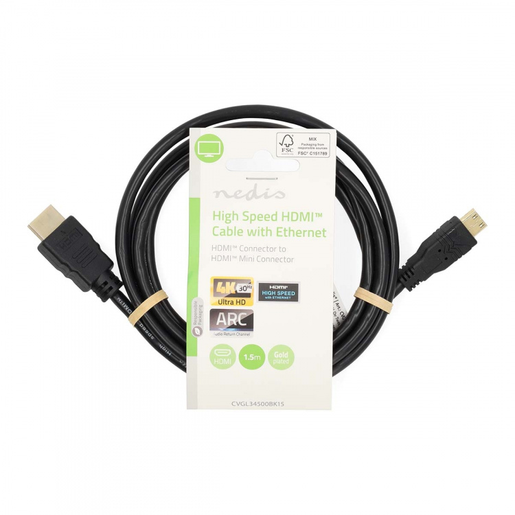 Nedis High Speed HDMI ™ kabel med Ethernet | HDMI™ Kontakt | HDMI™ Mini kontakt | 4K@30Hz | 10.2 Gbps | 1.50 m | Rund | PVC | Svart | Label Nedis High Speed HDMI ™ kabel med Ethernet | HDMI™ Kontakt | HDMI™ Mini kontakt | 4K@30Hz | 10.2 Gbps | 1.50 m | Rund | PVC | Svart | Label