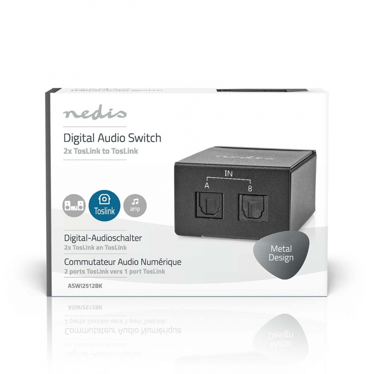 Nedis Digital Audio Switch | Tvåvägs | Ingång för audio/video/dataanslutningar: DC Power / 2x TosLink | Audio / video / dataanslutningar utgång: TosLink Female | Instruktionsbok / Omkopplare | Metall | Svart