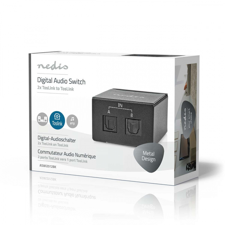 Nedis Digital Audio Switch | Tvåvägs | Ingång för audio/video/dataanslutningar: DC Power / 2x TosLink | Audio / video / dataanslutningar utgång: TosLink Female | Instruktionsbok / Omkopplare | Metall | Svart